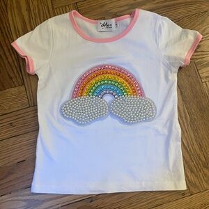 Lola + The Boys White Tee with Beaded Rainbow and Clouds